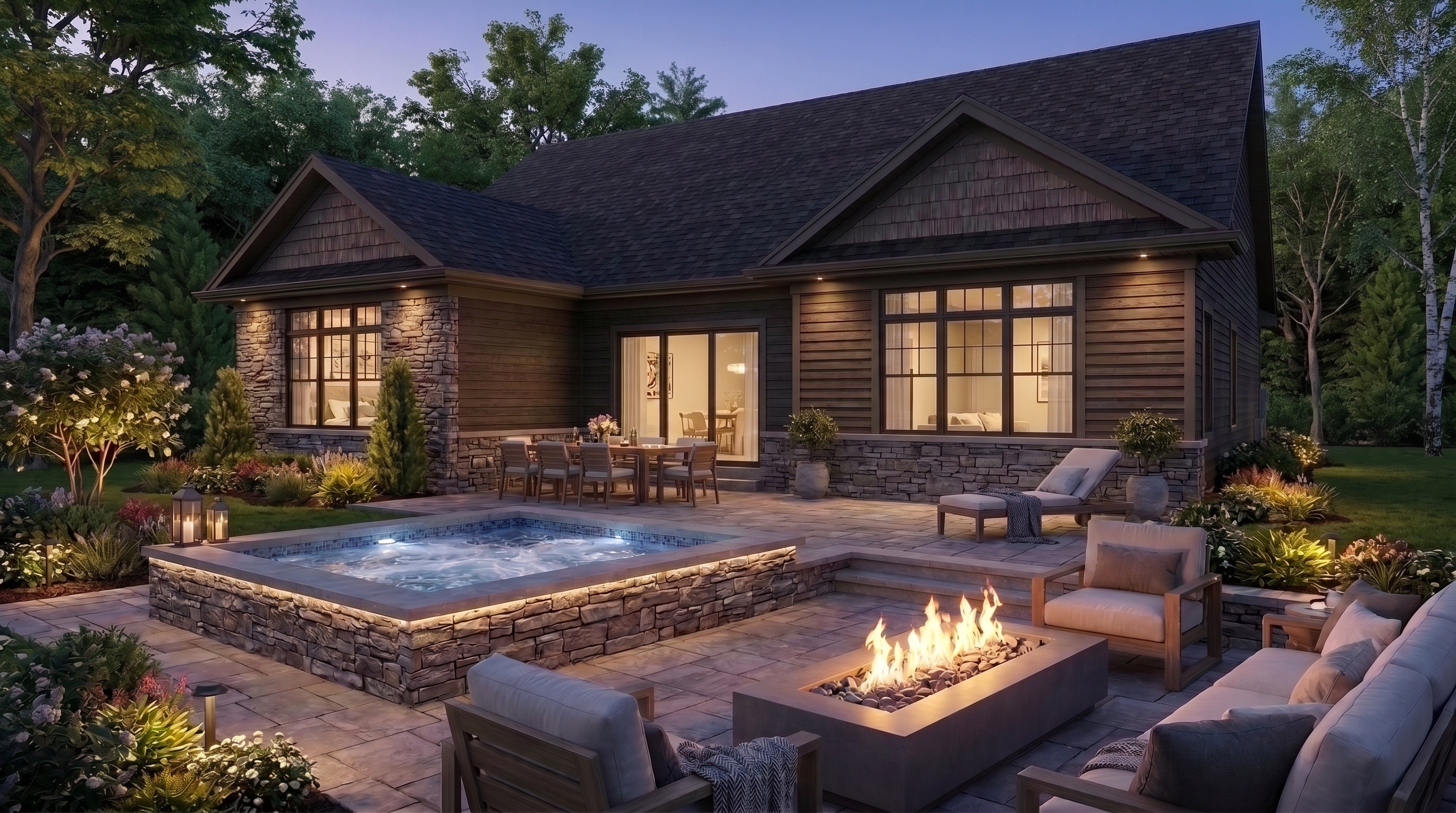 Lot 11 Rear Terrace, Sunken Hot Tub, and Outdoor Fire Pit Living